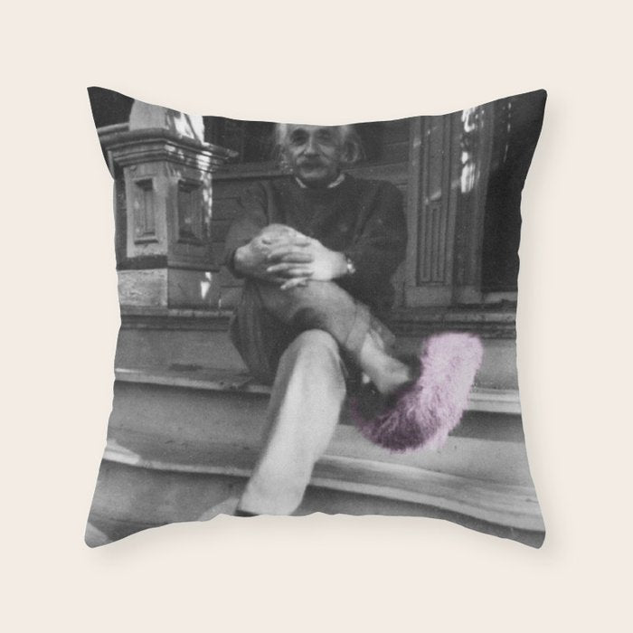 Satirical Einstein in Fuzzy Pink Slippers Classic E = mc² Black and White Satirical Photography  Throw Pillow Gallery Image 6