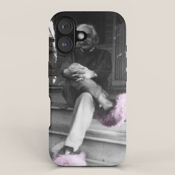 Satirical Einstein in Fuzzy Pink Slippers Classic E = mc² Black and White Satirical Photography  iPhone Case Gallery Image 1