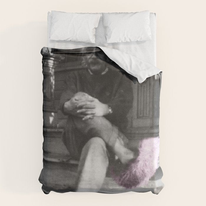 Satirical Einstein in Fuzzy Pink Slippers Classic E = mc² Black and White Satirical Photography  Duvet Cover Gallery Image 6