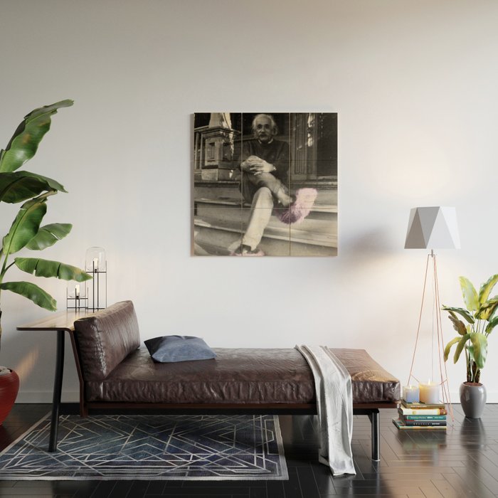 Satirical Einstein in Fuzzy Pink Slippers Classic E = mc² Black and White Satirical Photography  Wood Wall Art Gallery Image 2