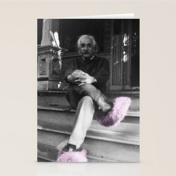 Satirical Einstein in Fuzzy Pink Slippers Classic E = mc² Black and White Satirical Photography  Stationery Card Gallery Image 2