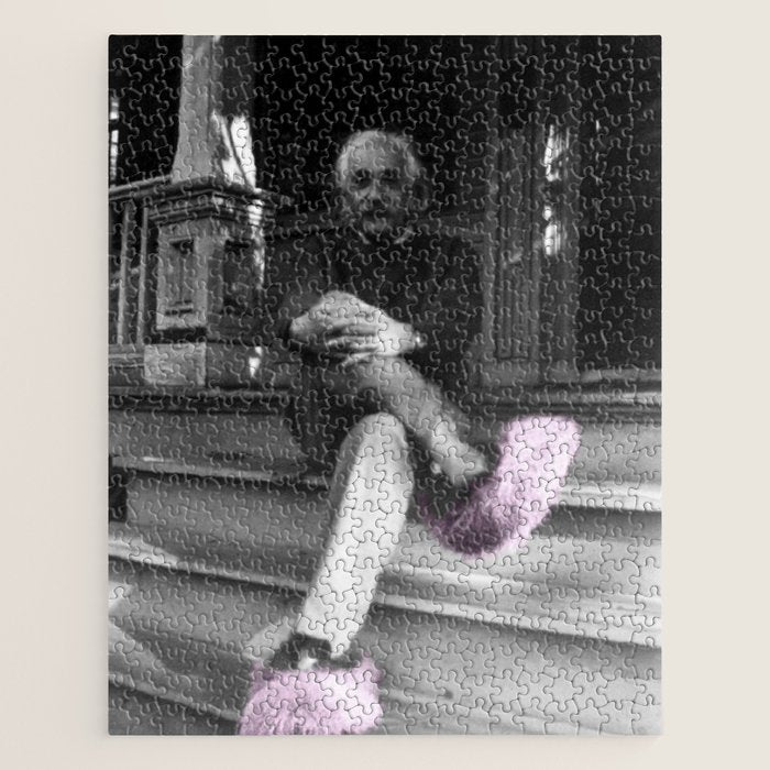 Satirical Einstein in Fuzzy Pink Slippers Classic E = mc² Black and White Satirical Photography  Jigsaw Puzzle Gallery Image 1