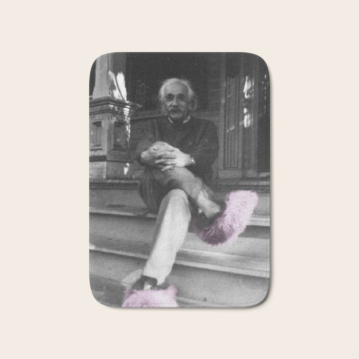 Satirical Einstein in Fuzzy Pink Slippers Classic E = mc² Black and White Satirical Photography  Bath Mat Gallery Image 1