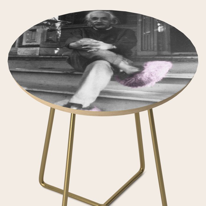 Satirical Einstein in Fuzzy Pink Slippers Classic E = mc² Black and White Satirical Photography  Side Table Gallery Image 2