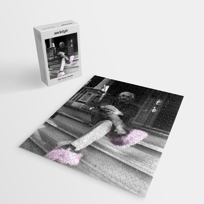 Satirical Einstein in Fuzzy Pink Slippers Classic E = mc² Black and White Satirical Photography  Jigsaw Puzzle Gallery Image 2