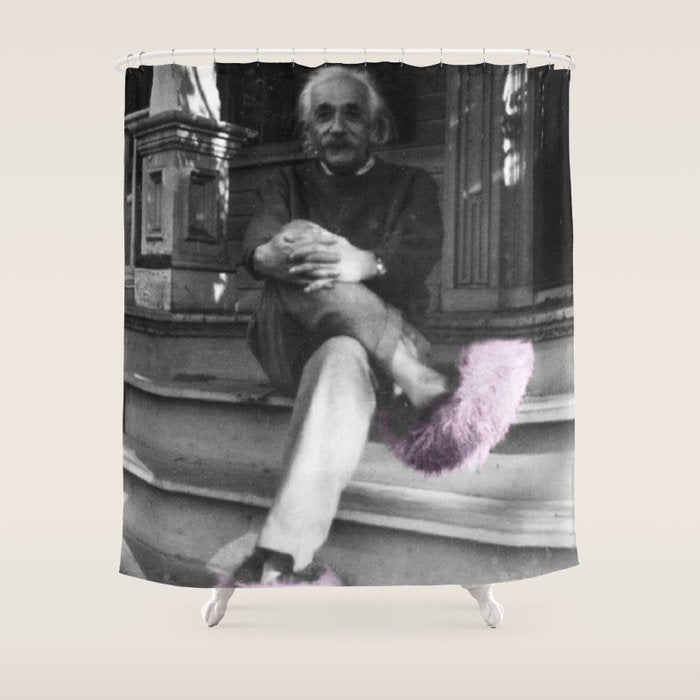 Satirical Einstein in Fuzzy Pink Slippers Classic E = mc² Black and White Satirical Photography  Shower Curtain Gallery Image 1