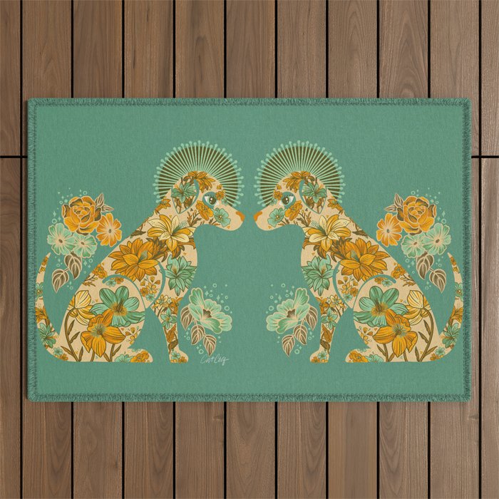 Porcelain Floral Dog - Mint & Ochre Outdoor Rug Gallery Image 1