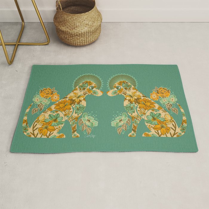 Porcelain Floral Dog - Mint & Ochre Rug Gallery Image 1