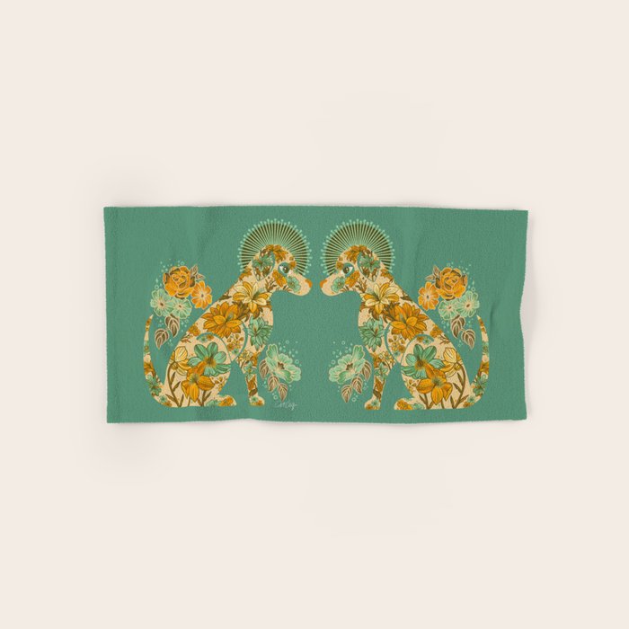 Porcelain Floral Dog - Mint & Ochre Bath Towel Gallery Image 1
