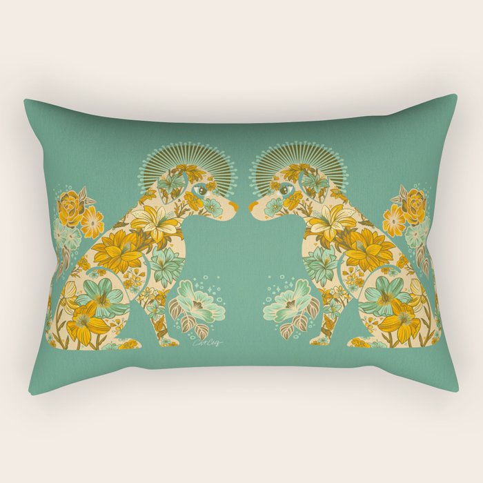 Porcelain Floral Dog - Mint & Ochre Rectangular Pillow Gallery Image 2