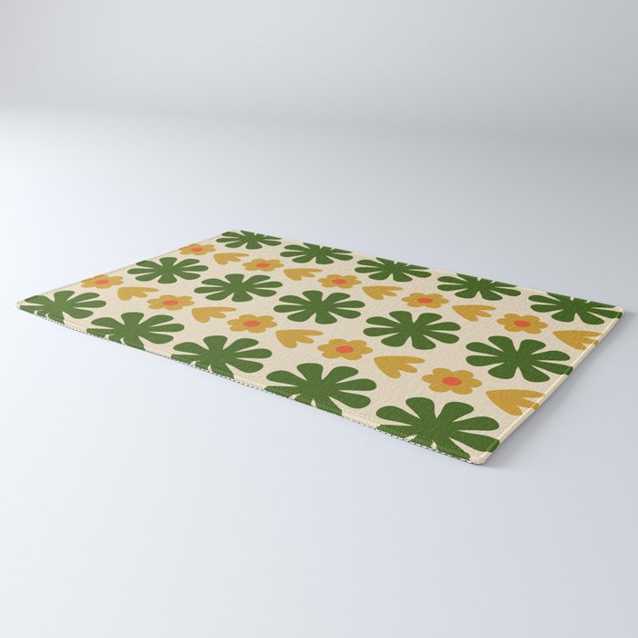 Scandi Floral Grid Retro Pattern Cream Orange Green Ochre Rug Gallery Image 3