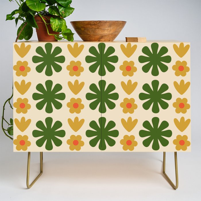Scandi Floral Grid Retro Pattern Cream Orange Green Ochre Credenza Gallery Image 1