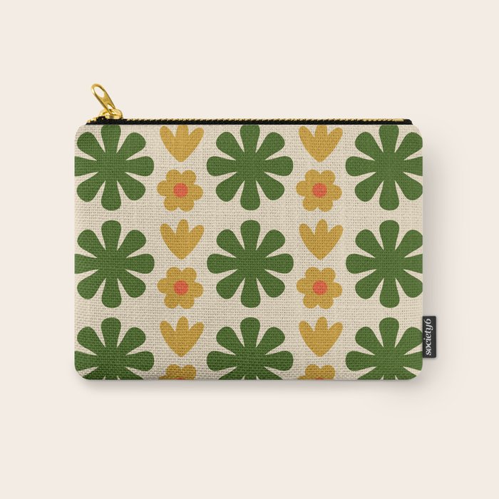 Scandi Floral Grid Retro Pattern Cream Orange Green Ochre Carry All Pouch Gallery Image 1