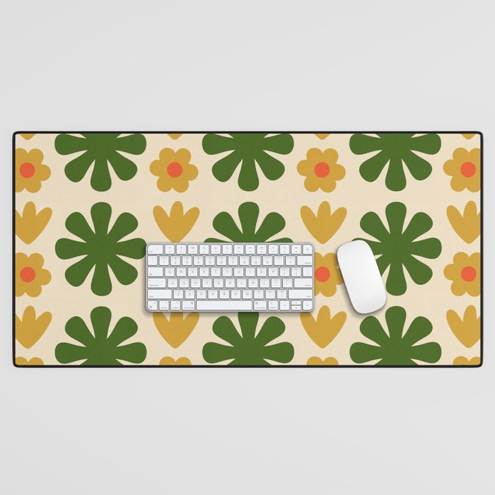 Scandi Floral Grid Retro Pattern Cream Orange Green Ochre Desk Mat Gallery Image 1