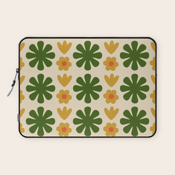 Scandi Floral Grid Retro Pattern Cream Orange Green Ochre Laptop Sleeve Gallery Image 1
