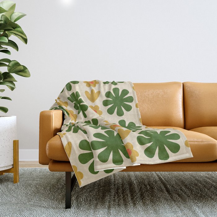 Scandi Floral Grid Retro Pattern Cream Orange Green Ochre Throw Blanket Gallery Image 1