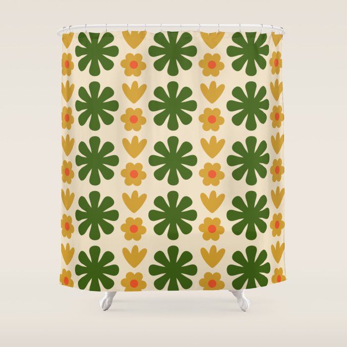 Scandi Floral Grid Retro Pattern Cream Orange Green Ochre Shower Curtain Gallery Image 1