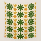 Scandi Floral Grid Retro Pattern Cream Orange Green Ochre Wall Tapestry Gallery Image 4
