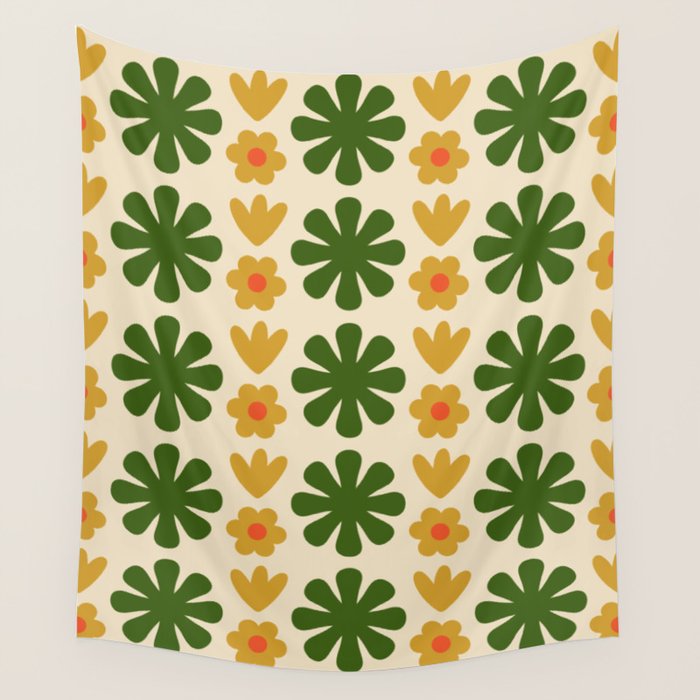 Scandi Floral Grid Retro Pattern Cream Orange Green Ochre Wall Tapestry Gallery Image 4