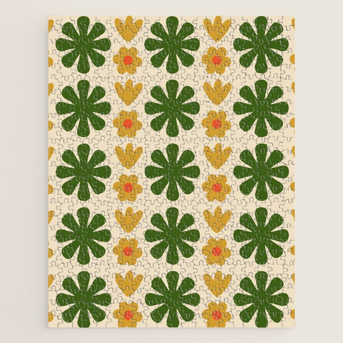 Scandi Floral Grid Retro Pattern Cream Orange Green Ochre Jigsaw Puzzle Gallery Image 1