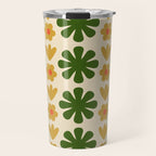 Scandi Floral Grid Retro Pattern Cream Orange Green Ochre Travel Mug Gallery Image 1