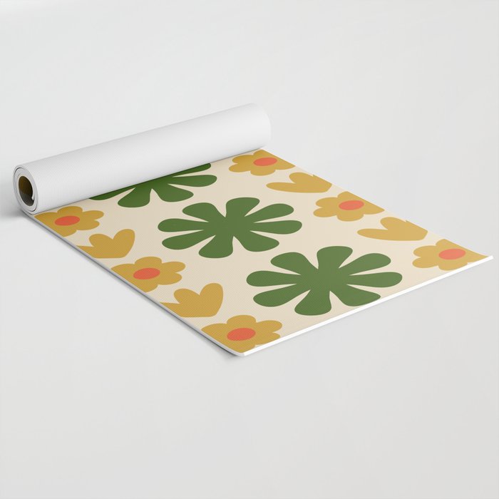 Scandi Floral Grid Retro Pattern Cream Orange Green Ochre Yoga Mat Gallery Image 2