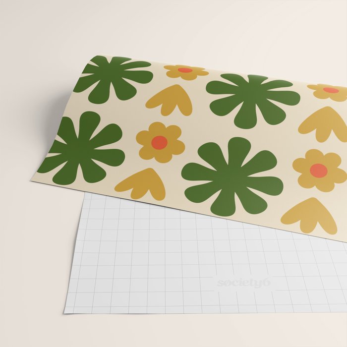 Scandi Floral Grid Retro Pattern Cream Orange Green Ochre Wrapping Paper Gallery Image 2