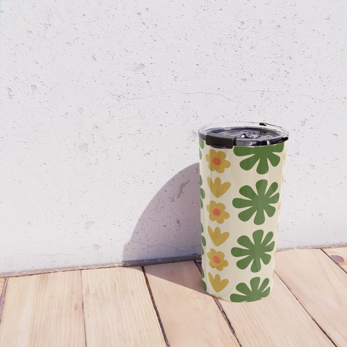 Scandi Floral Grid Retro Pattern Cream Orange Green Ochre Travel Mug Gallery Image 4