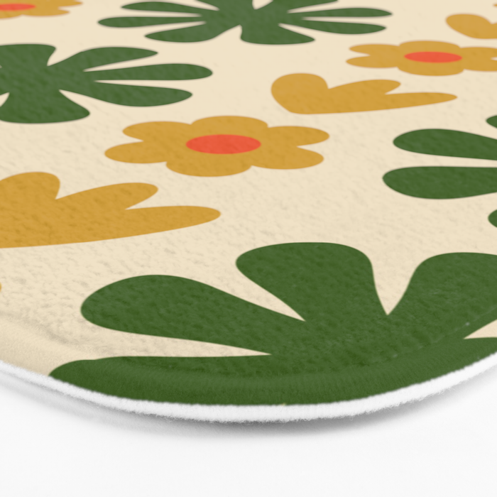 Scandi Floral Grid Retro Pattern Cream Orange Green Ochre Bath Mat Gallery Image 3