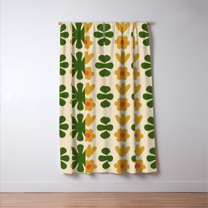 Scandi Floral Grid Retro Pattern Cream Orange Green Ochre Window Curtain Gallery Image 3
