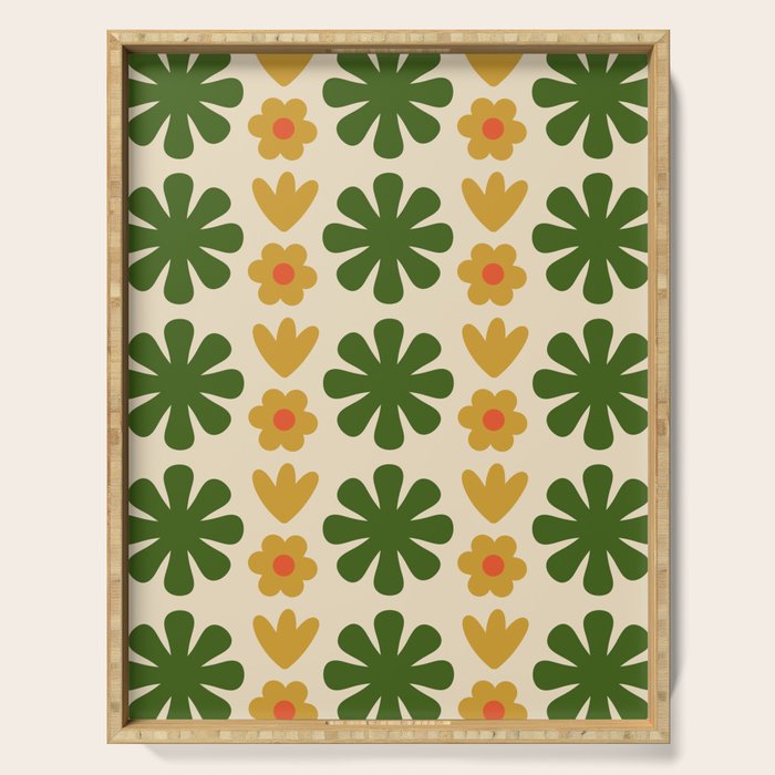 Scandi Floral Grid Retro Pattern Cream Orange Green Ochre Serving Tray Gallery Image 1