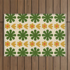 Scandi Floral Grid Retro Pattern Cream Orange Green Ochre Outdoor Rug Gallery Image 1