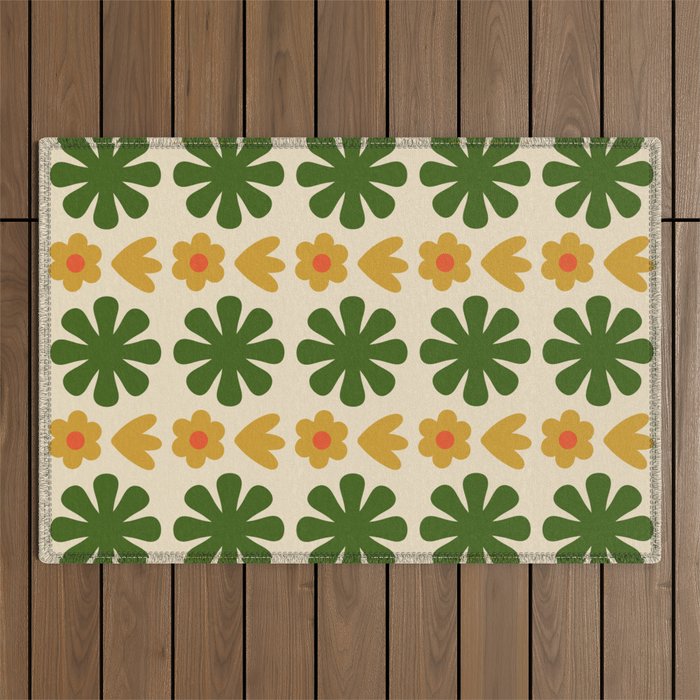 Scandi Floral Grid Retro Pattern Cream Orange Green Ochre Outdoor Rug Gallery Image 1