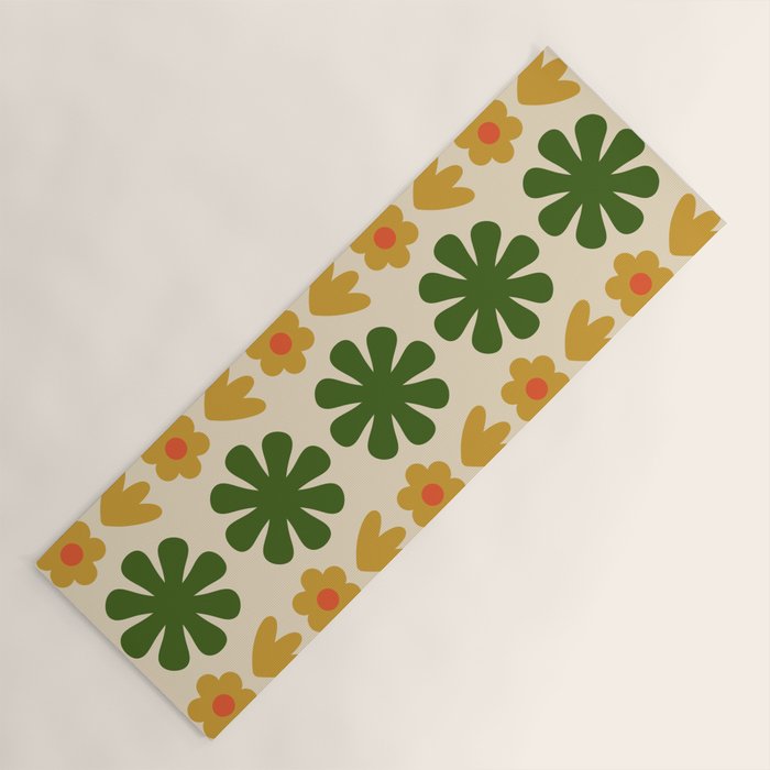 Scandi Floral Grid Retro Pattern Cream Orange Green Ochre Yoga Mat Gallery Image 1
