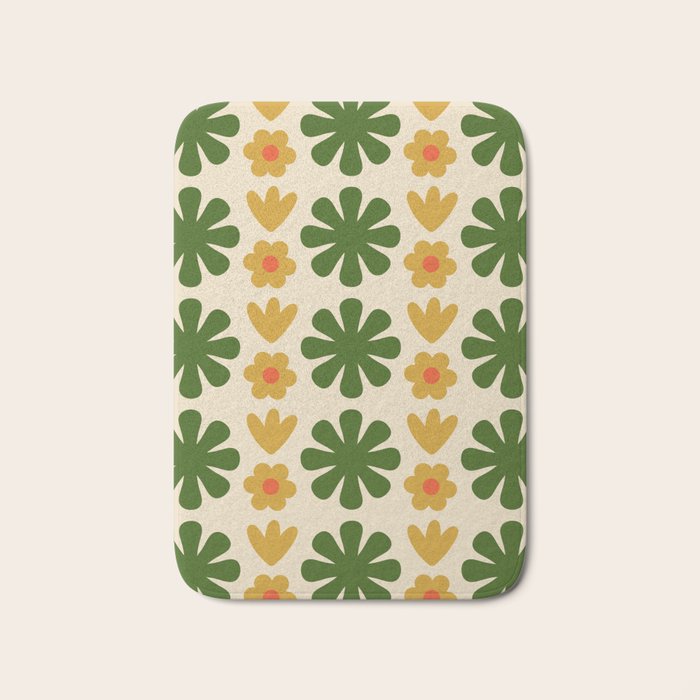 Scandi Floral Grid Retro Pattern Cream Orange Green Ochre Bath Mat Gallery Image 1