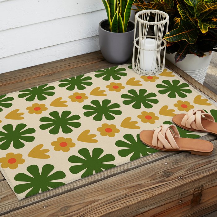 Scandi Floral Grid Retro Pattern Cream Orange Green Ochre Outdoor Rug Gallery Image 2