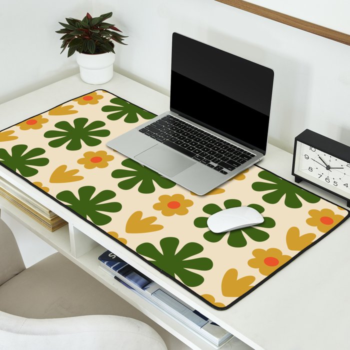 Scandi Floral Grid Retro Pattern Cream Orange Green Ochre Desk Mat Gallery Image 2