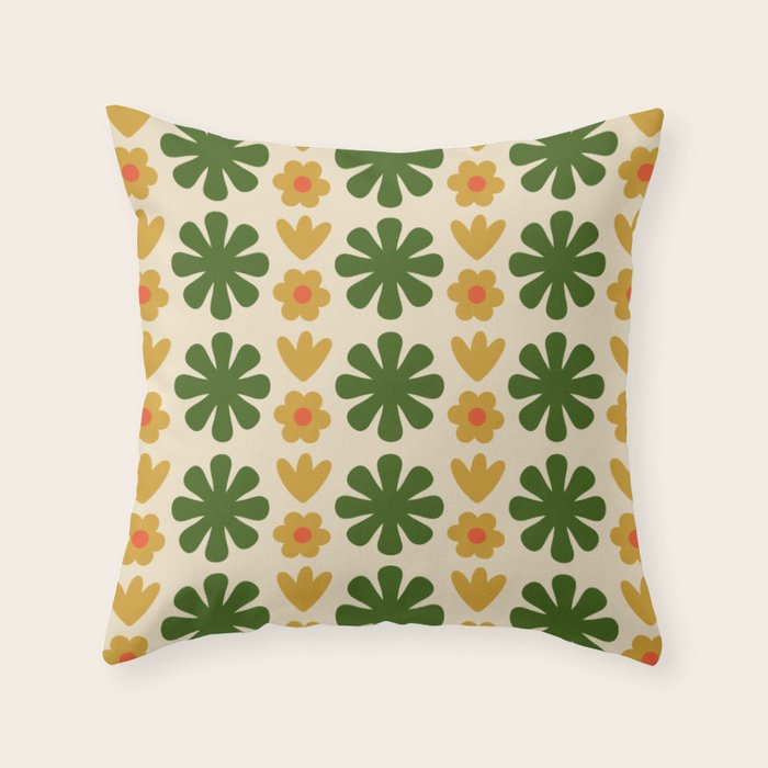 Scandi Floral Grid Retro Pattern Cream Orange Green Ochre Throw Pillow Gallery Image 6