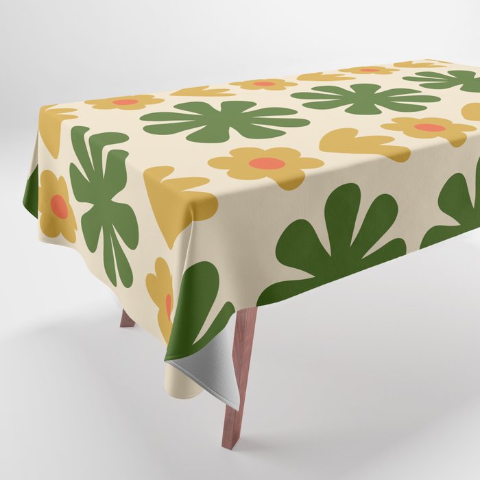 Scandi Floral Grid Retro Pattern Cream Orange Green Ochre Tablecloth Gallery Image 1