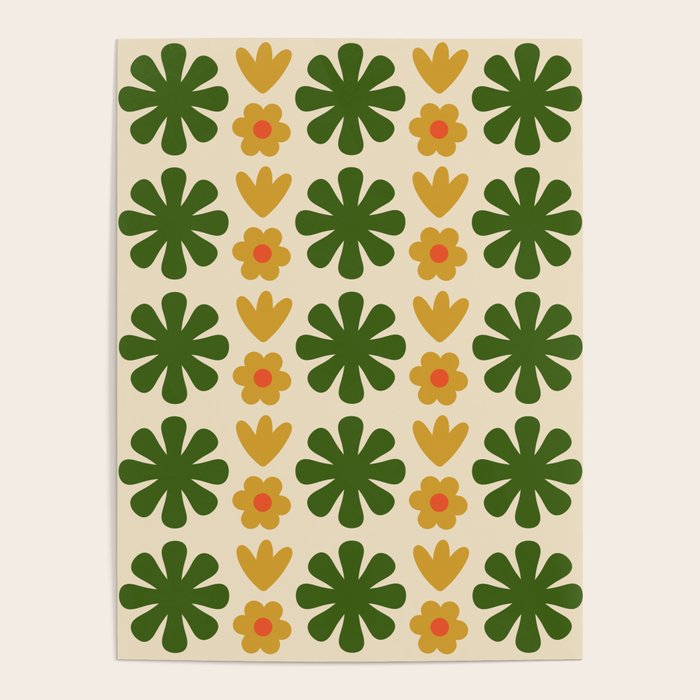 Scandi Floral Grid Retro Pattern Cream Orange Green Ochre Poster Gallery Image 4