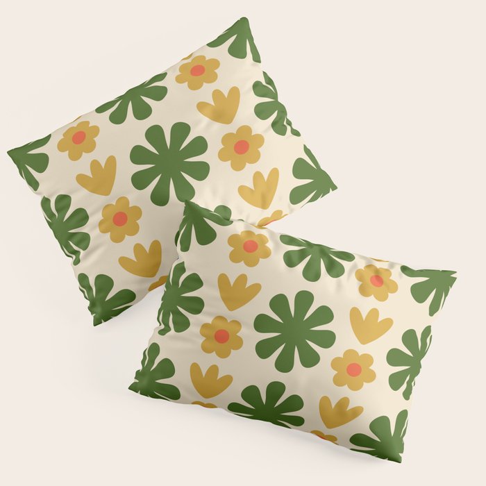 Scandi Floral Grid Retro Pattern Cream Orange Green Ochre Pillow Sham Gallery Image 1