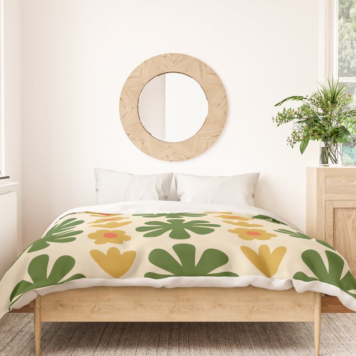 Scandi Floral Grid Retro Pattern Cream Orange Green Ochre Duvet Cover Gallery Image 3