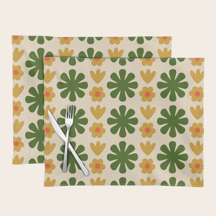 Scandi Floral Grid Retro Pattern Cream Orange Green Ochre Placemat Gallery Image 1
