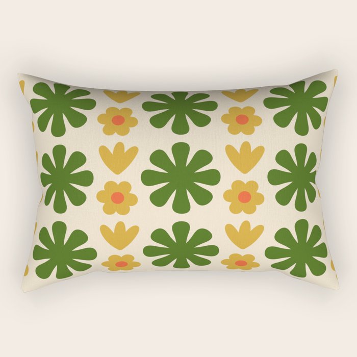 Scandi Floral Grid Retro Pattern Cream Orange Green Ochre Rectangular Pillow Gallery Image 1