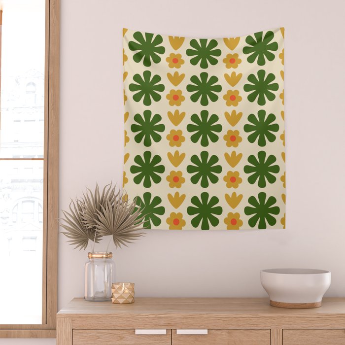 Scandi Floral Grid Retro Pattern Cream Orange Green Ochre Wall Tapestry Gallery Image 2
