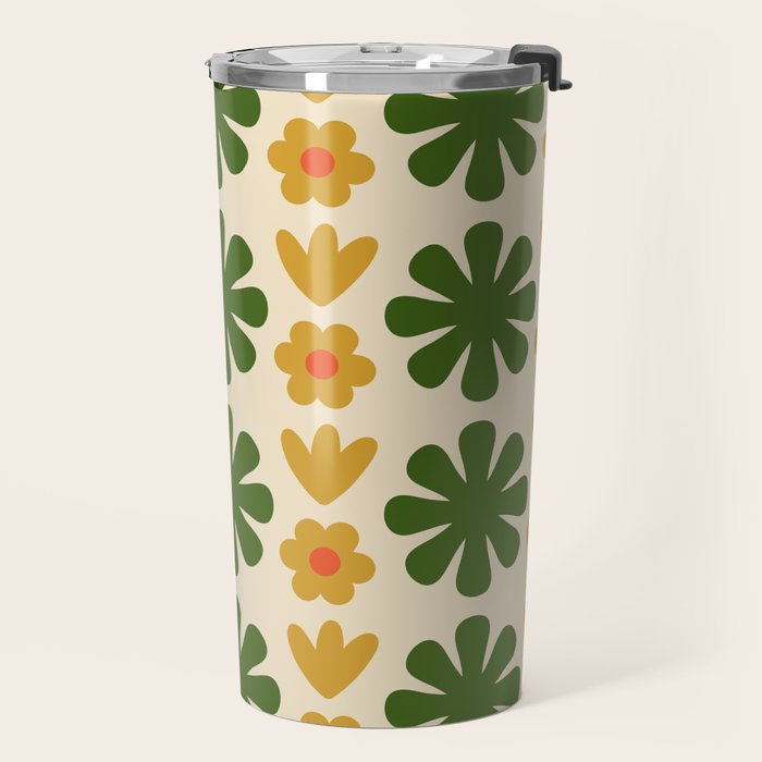 Scandi Floral Grid Retro Pattern Cream Orange Green Ochre Travel Mug Gallery Image 2