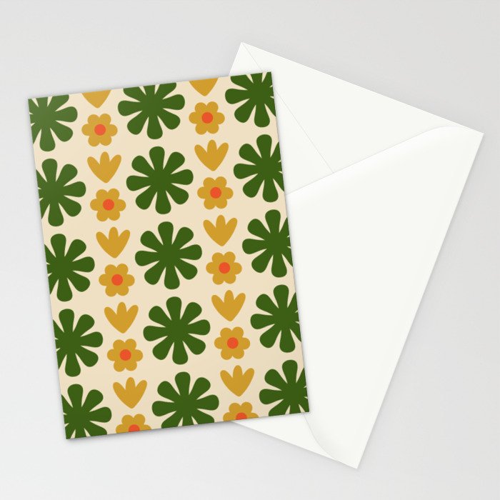 Scandi Floral Grid Retro Pattern Cream Orange Green Ochre Stationery Card Gallery Image 2