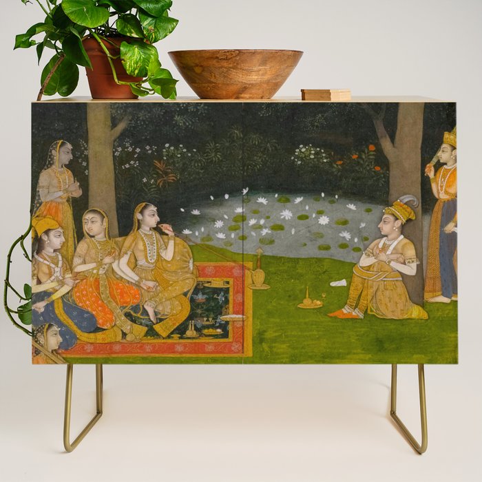 Princely ascetic in the forest visited by ladies c. 1760 Gum tempera and gold on paper Indian Miniature Painting  Credenza Gallery Image 1
