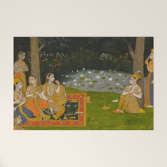 Princely ascetic in the forest visited by ladies c. 1760 Gum tempera and gold on paper Indian Miniature Painting  Welcome Mat Gallery Image 1