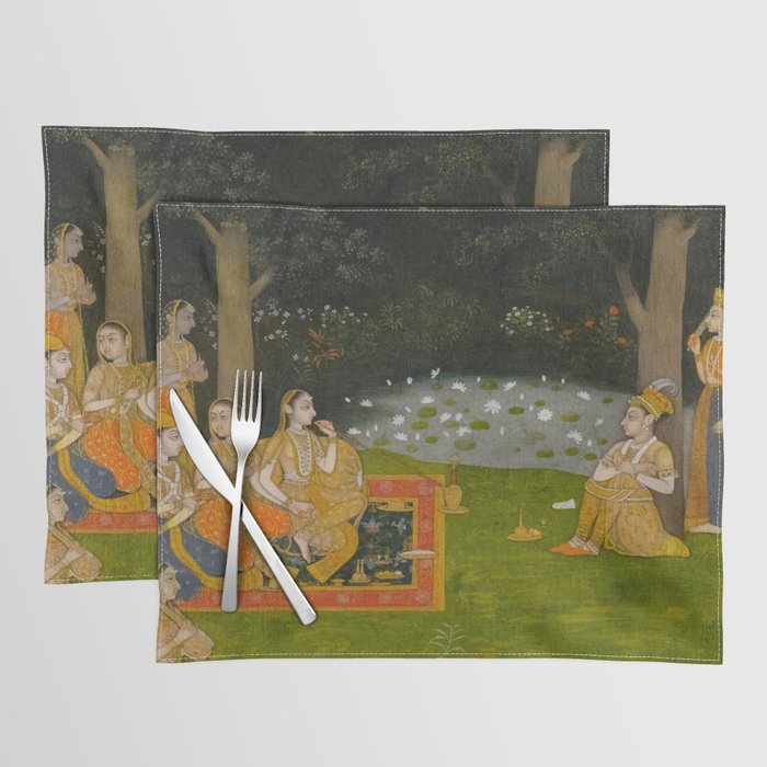 Princely ascetic in the forest visited by ladies c. 1760 Gum tempera and gold on paper Indian Miniature Painting  Placemat Gallery Image 1
